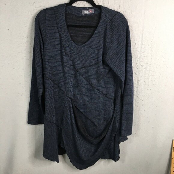 Kekoo Design 1 Sweater Womens 1X Plus Size Blue Black Lagenlook Artsy Tunic - Picture 1 of 16
